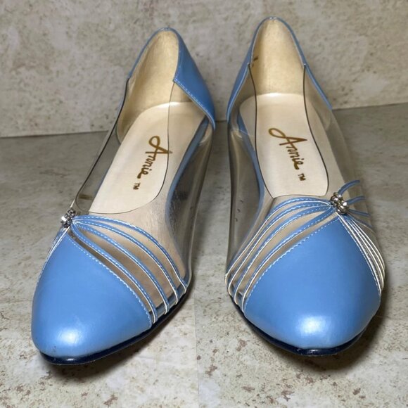 Vintage Womens Princess Blue Pumps Clear Sides Silver Accents Retro Prom Wedding - Picture 2 of 12